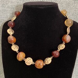 Artisan Gold and Brown Glass Stone Beaded Chunky Collar Necklace